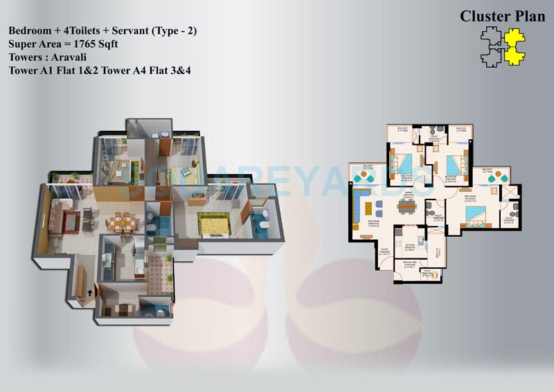 Floor plan of 3 BHK 1765 Sq. Ft. Apartment in Eros Sampoornam, Greater Noida