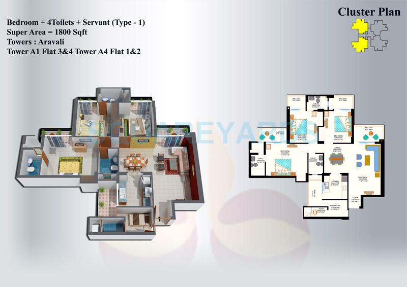 Floor plan of 3 BHK 1800 Sq. Ft. Apartment in Eros Sampoornam, Greater Noida