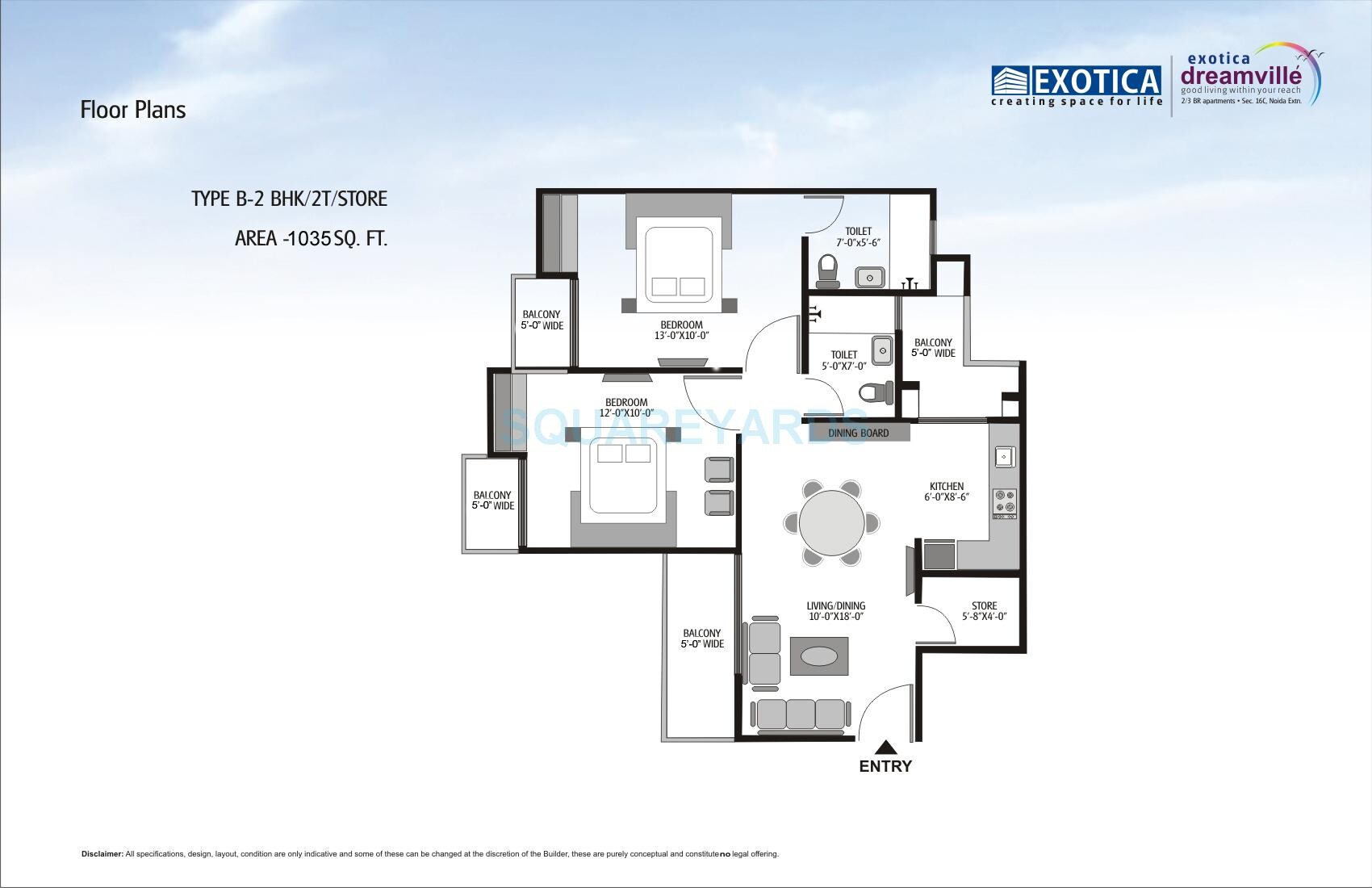Floor plan of 2 BHK 1035 Sq. Ft. Apartment in Exotica Dreamville, Greater Noida