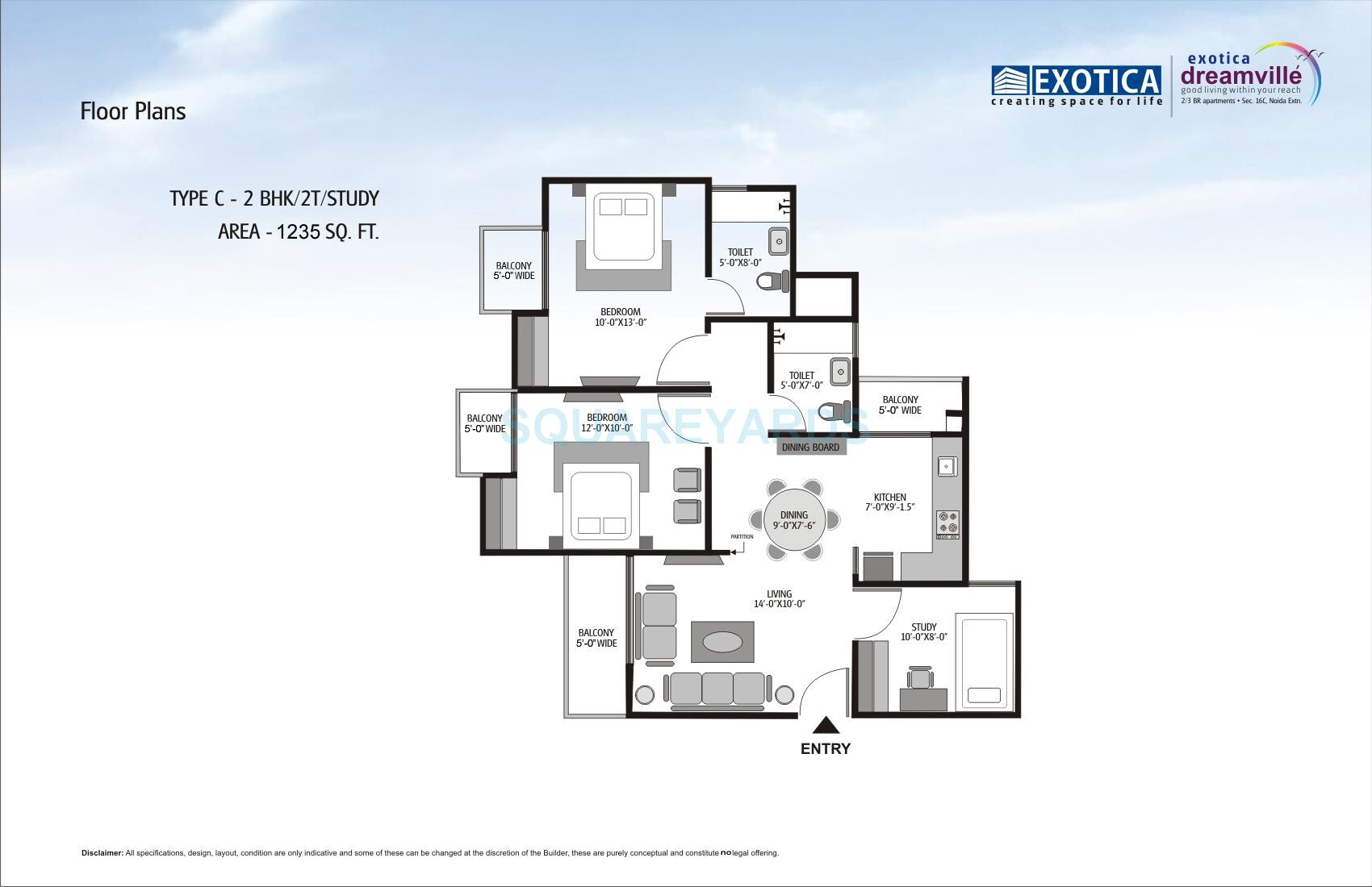 Floor plan of 2 BHK 1235 Sq. Ft. Apartment in Exotica Dreamville, Greater Noida