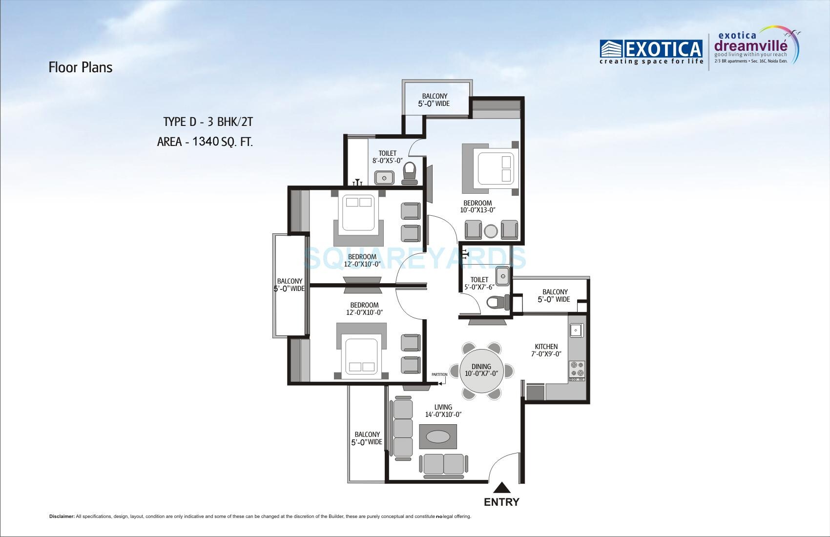 Floor plan of 3 BHK 1340 Sq. Ft. Apartment in Exotica Dreamville, Greater Noida