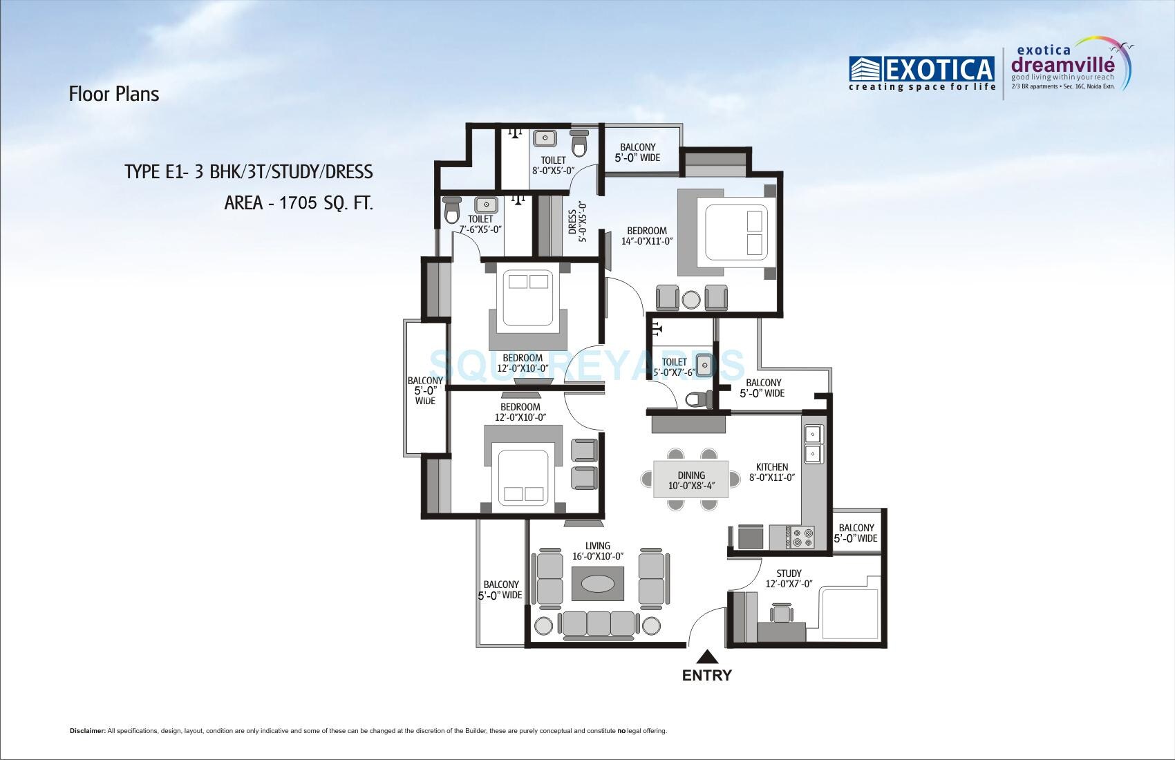 Floor plan of 3 BHK 1705 Sq. Ft. Apartment in Exotica Dreamville, Greater Noida