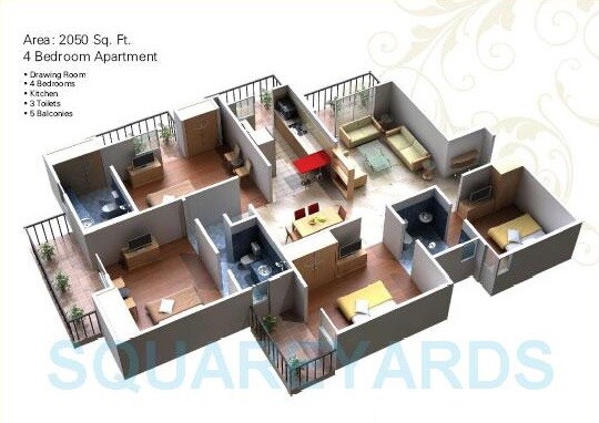 Floor plan of 4 BHK 2050 Sq. Ft. Apartment in Exotica Dreamville, Greater Noida