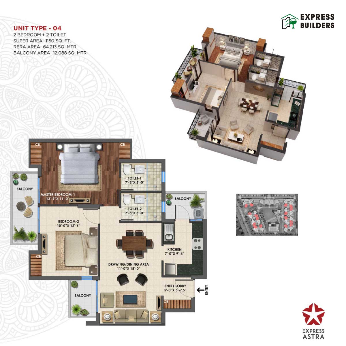 Floor plan of 2 BHK 1150 Sq. Ft. Apartment in Express Astra, Greater Noida