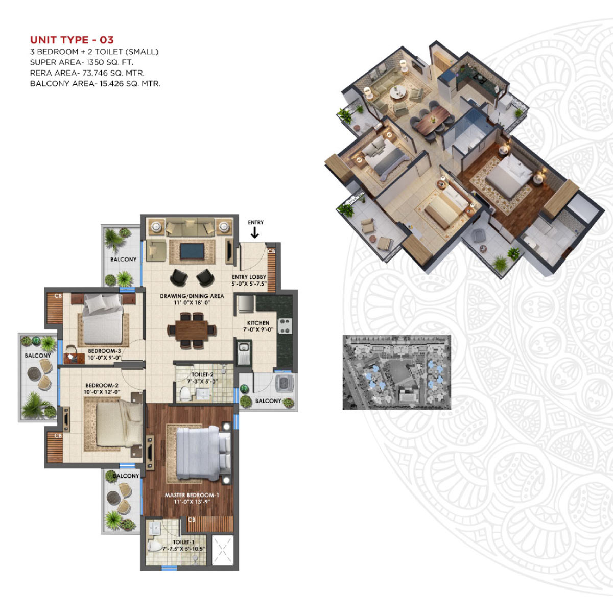 Floor plan of 3 BHK 1350 Sq. Ft. Apartment in Express Astra, Greater Noida