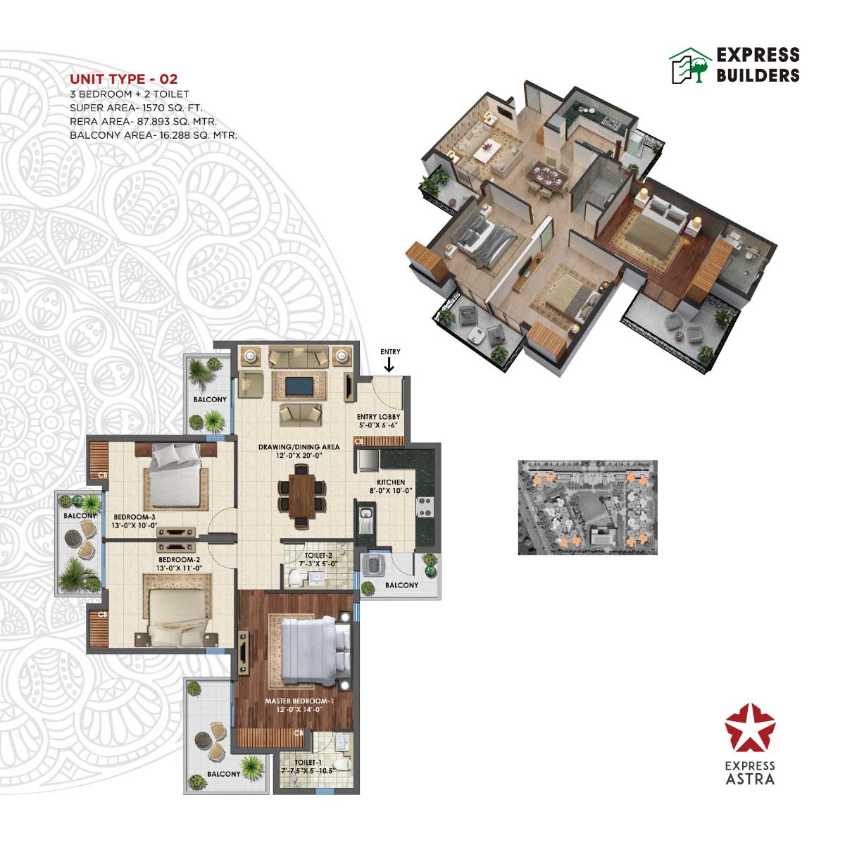 Floor plan of 3 BHK 1570 Sq. Ft. Apartment in Express Astra, Greater Noida