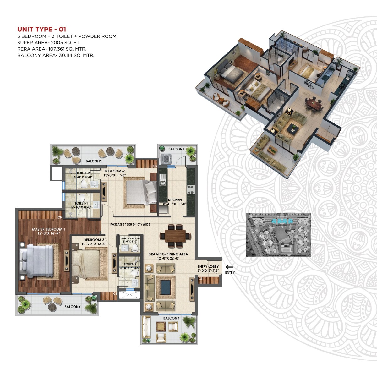 Floor plan of 3 BHK 2005 Sq. Ft. Apartment in Express Astra, Greater Noida