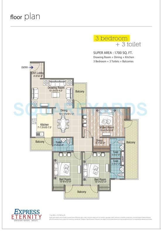 Floor plan of 2 BHK 1030 Sq. Ft. Apartment in Express Eternity, Greater Noida