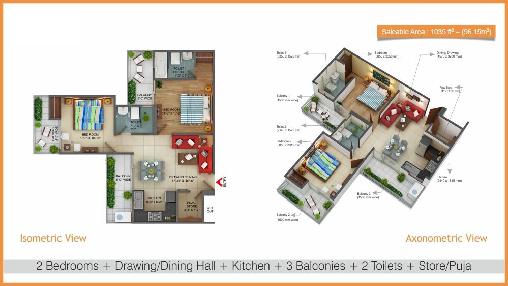 Floor plan of 2 BHK 1035 Sq. Ft. Apartment in Fusion Homes, Greater Noida