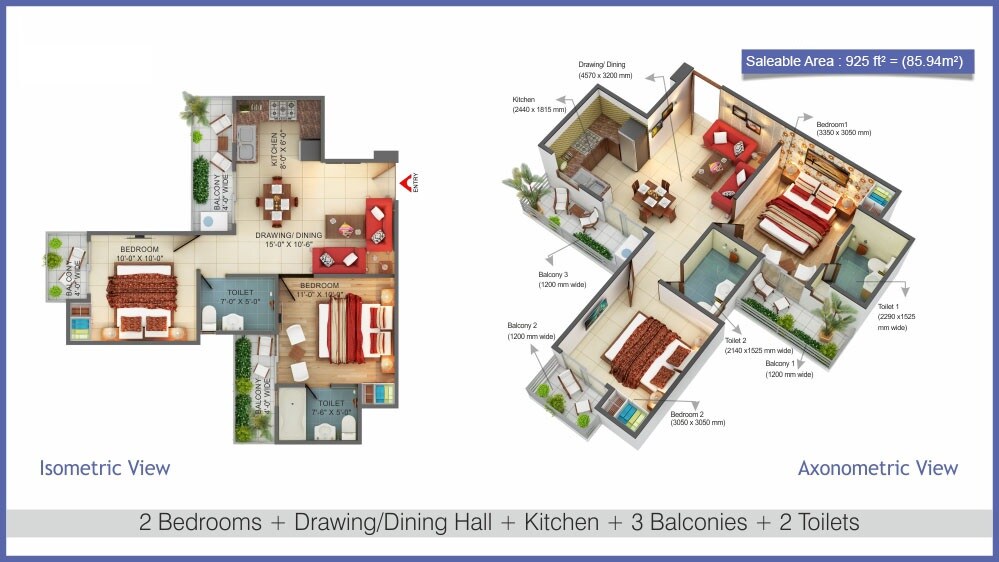 Floor plan of 2 BHK 925 Sq. Ft. Apartment in Fusion Homes, Greater Noida