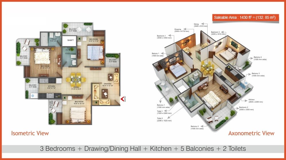 Floor plan of 3 BHK 1430 Sq. Ft. Apartment in Fusion Homes, Greater Noida