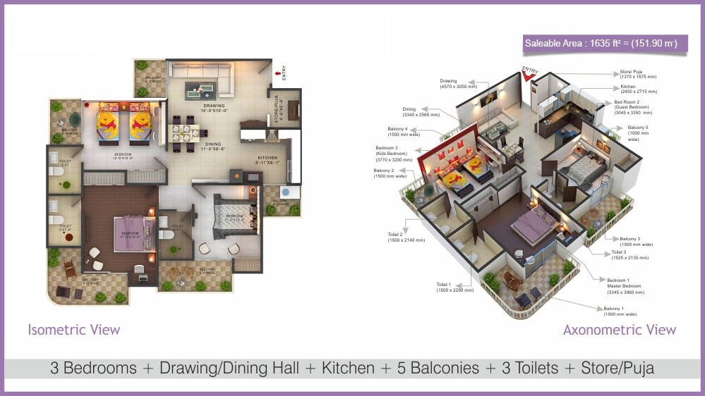 Floor plan of 3 BHK 1635 Sq. Ft. Apartment in Fusion Homes, Greater Noida