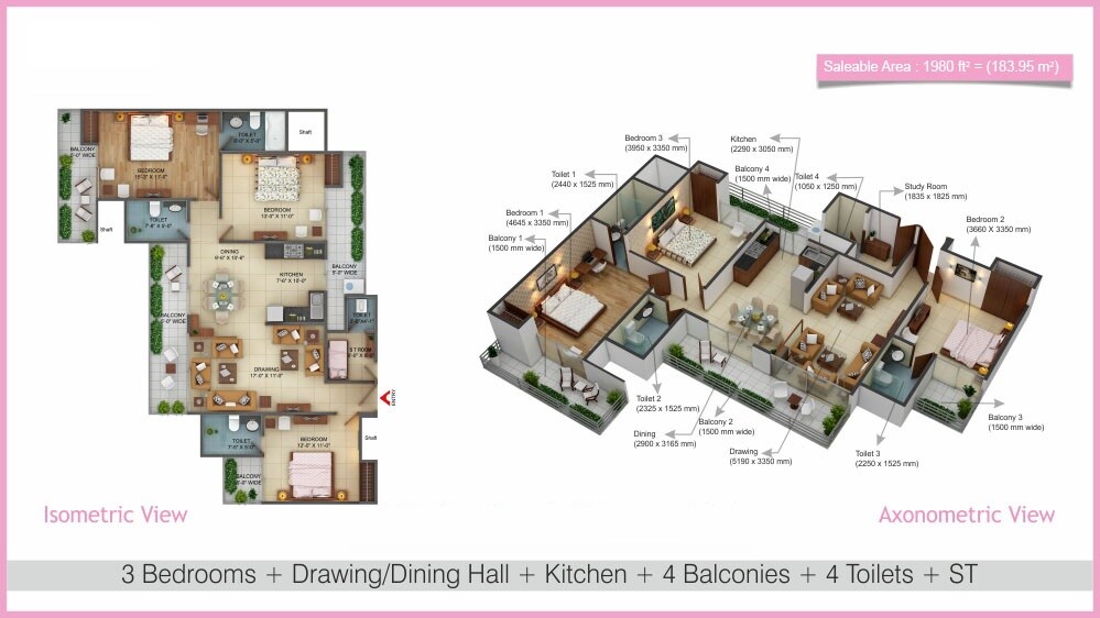 Floor plan of 3 BHK 1980 Sq. Ft. Apartment in Fusion Homes, Greater Noida