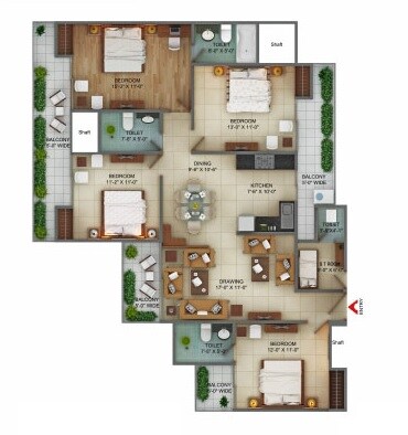 Floor plan of 4 BHK 2045 Sq. Ft. Apartment in Fusion Homes, Greater Noida