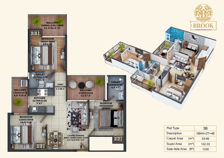 Floor plan of 3 BHK 1200 Sq. Ft. Apartment in Fusion The Brook, Greater Noida