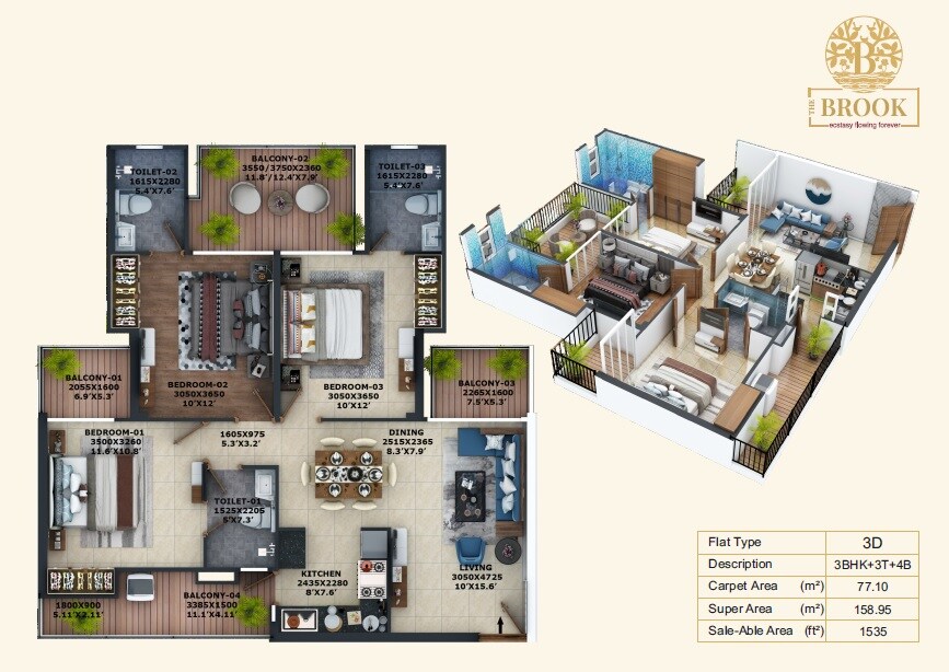 Floor plan of 3 BHK 1535 Sq. Ft. Apartment in Fusion The Brook, Greater Noida