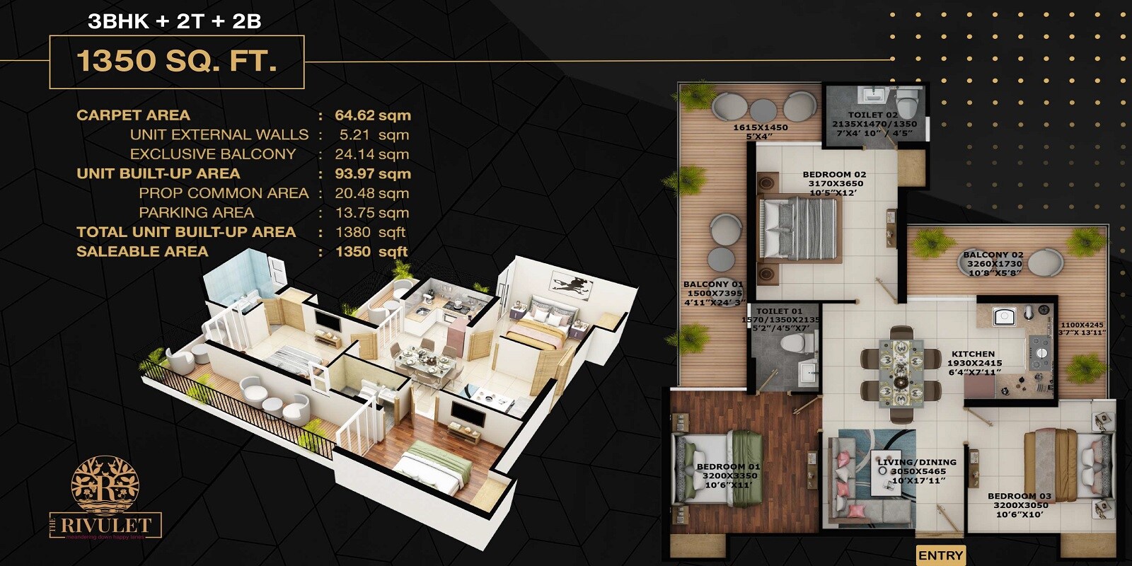 Floor plan of 3 BHK 1350 Sq. Ft. Apartment in Fusion The Rivulet, Greater Noida