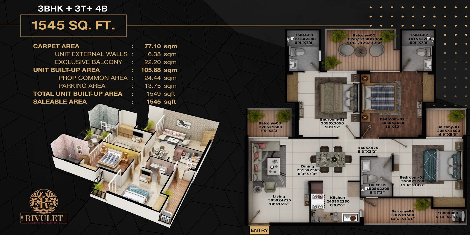 Floor plan of 3 BHK 1545 Sq. Ft. Apartment in Fusion The Rivulet, Greater Noida