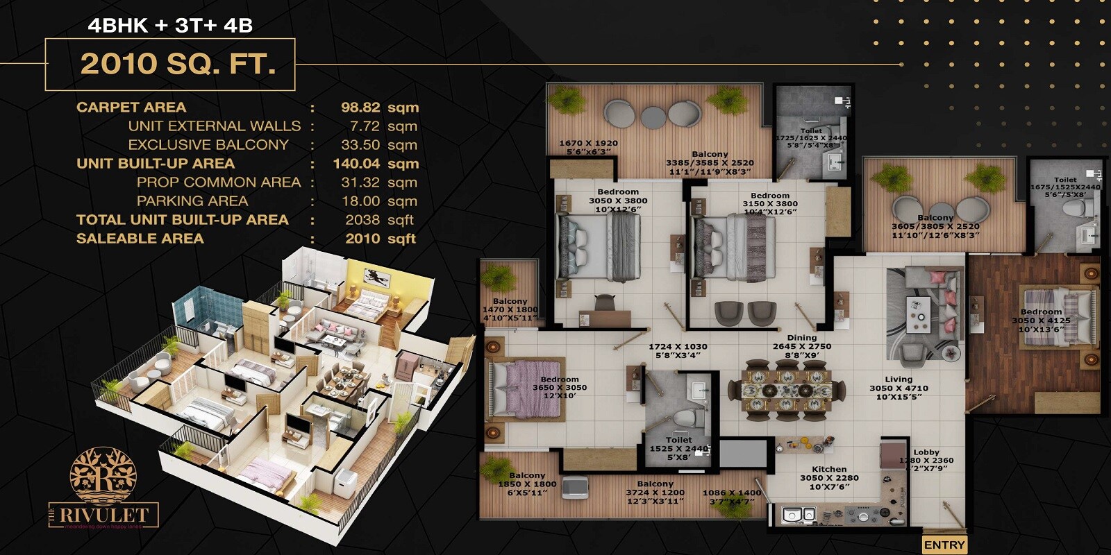 Floor plan of 4 BHK 2010 Sq. Ft. Apartment in Fusion The Rivulet, Greater Noida