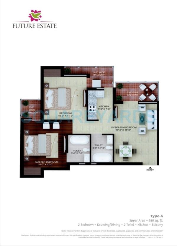 Floor plan of 2 BHK 980 Sq. Ft. Apartment in Future Estate, Greater Noida