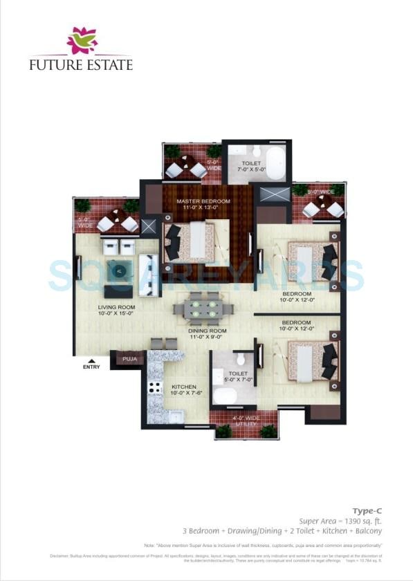 Floor plan of 3 BHK 1390 Sq. Ft. Apartment in Future Estate, Greater Noida