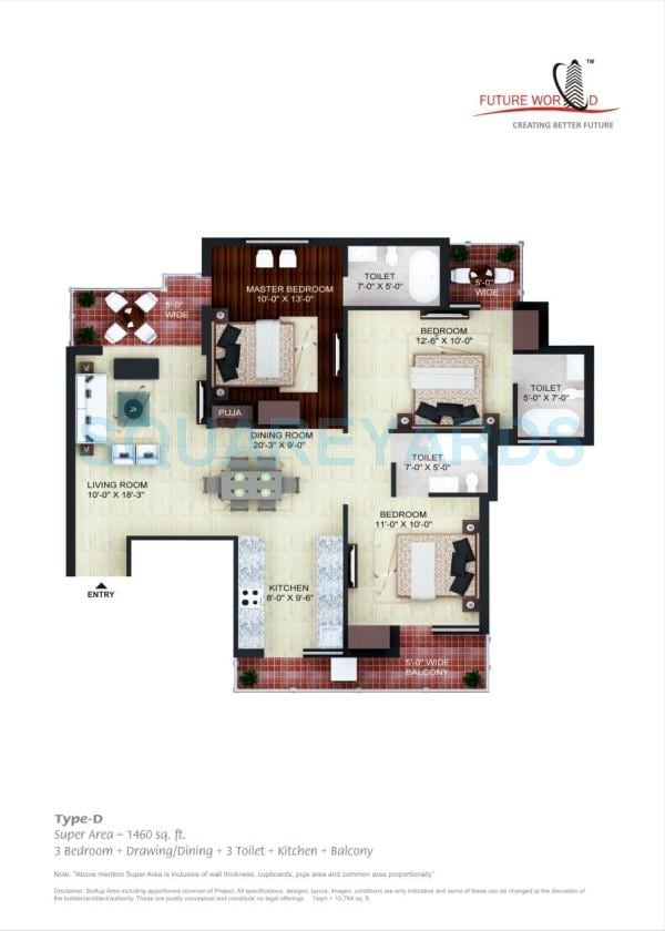Floor plan of 3 BHK 1460 Sq. Ft. Apartment in Future Estate, Greater Noida