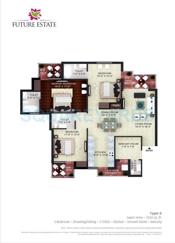 Floor plan of 3 BHK 1620 Sq. Ft. Apartment in Future Estate, Greater Noida