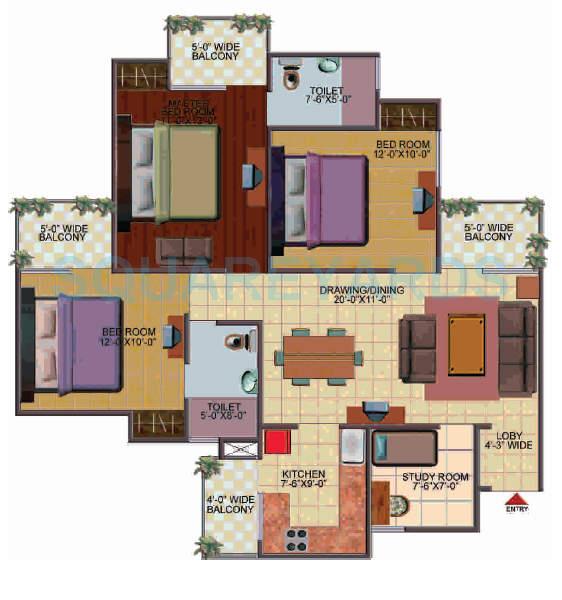 Floor plan of 3 BHK 1410 Sq. Ft. Apartment in Galaxy North Avenue, Greater Noida