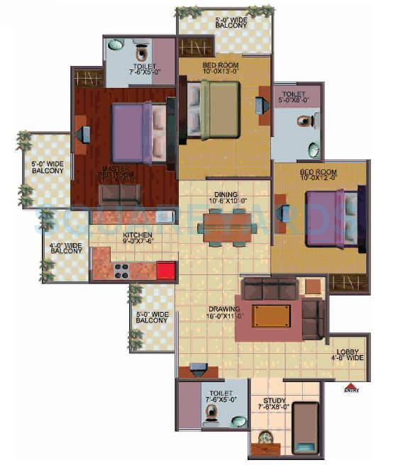 Floor plan of 3 BHK 1570 Sq. Ft. Apartment in Galaxy North Avenue, Greater Noida