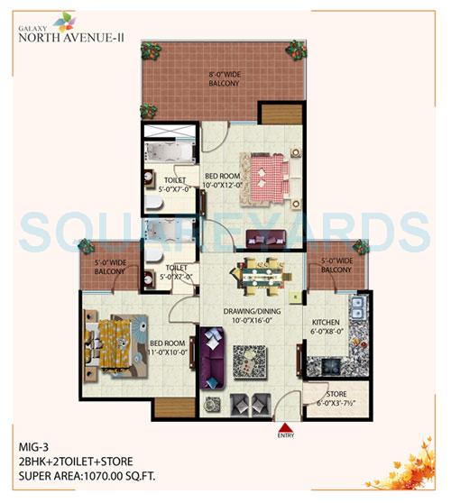 Floor plan of 2 BHK 1070 Sq. Ft. Apartment in Galaxy North Avenue ll, Greater Noida