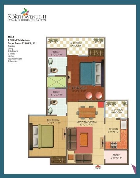 Floor plan of 2 BHK 925 Sq. Ft. Apartment in Galaxy North Avenue ll, Greater Noida