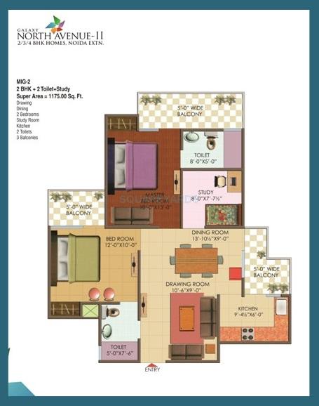 Floor plan of 2 BHK 1175 Sq. Ft. Apartment in Galaxy North Avenue ll, Greater Noida