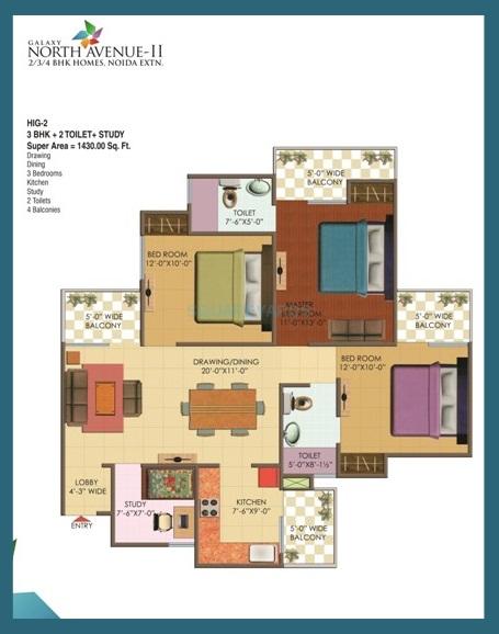 Floor plan of 3 BHK 1430 Sq. Ft. Apartment in Galaxy North Avenue ll, Greater Noida