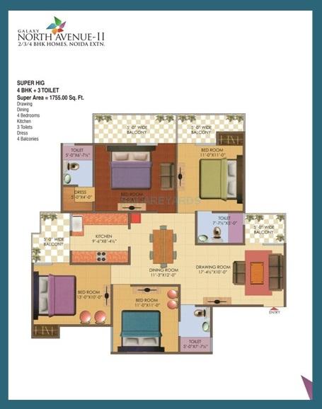 Floor plan of 4 BHK 1755 Sq. Ft. Apartment in Galaxy North Avenue ll, Greater Noida