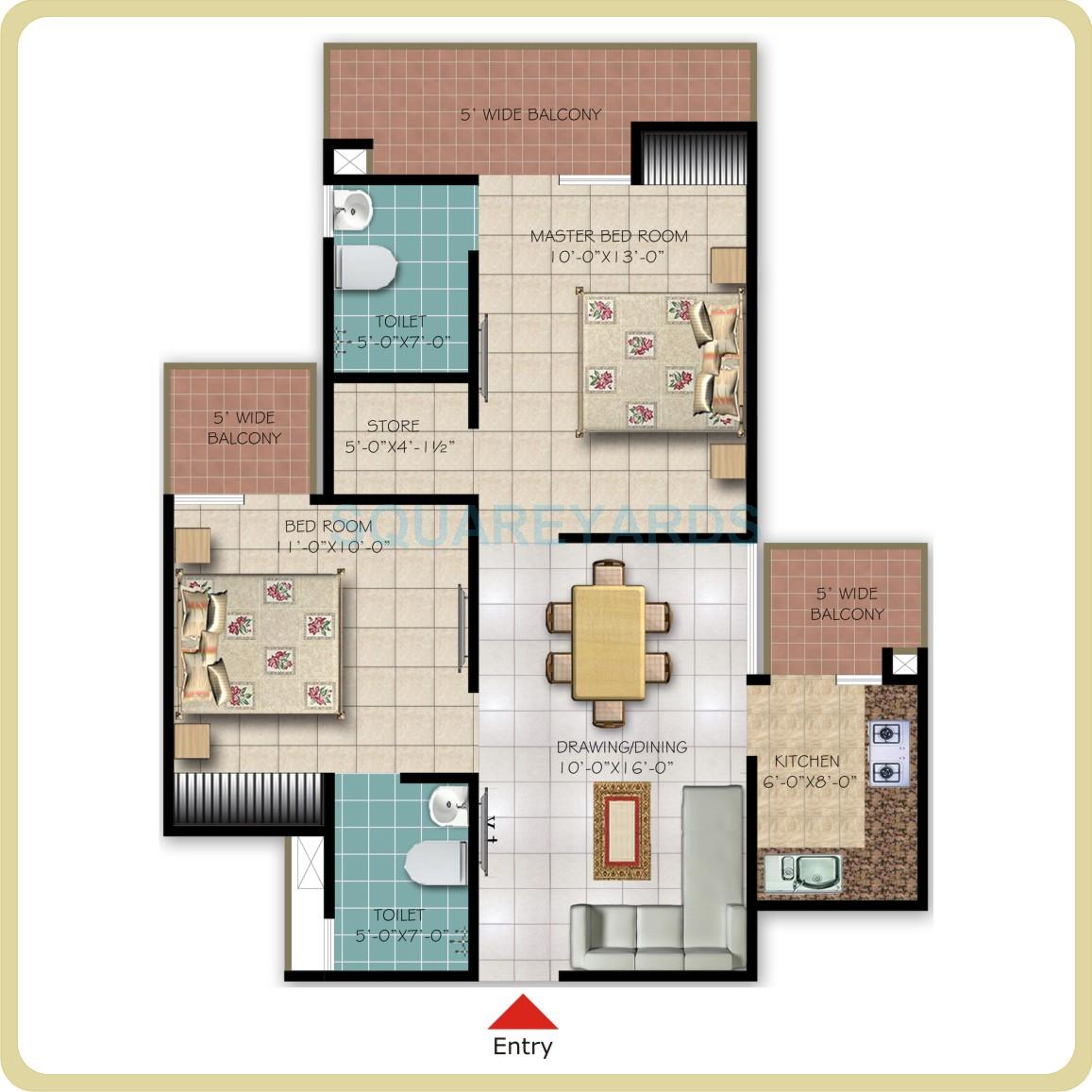 Floor plan of 2 BHK 1060 Sq. Ft. Apartment in Galaxy Royale, Greater Noida
