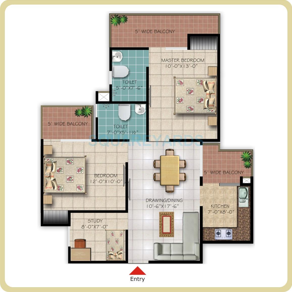 Floor plan of 2 BHK 1195 Sq. Ft. Apartment in Galaxy Royale, Greater Noida