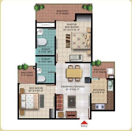 Floor plan of 2 BHK 990 Sq. Ft. Apartment in Galaxy Royale, Greater Noida