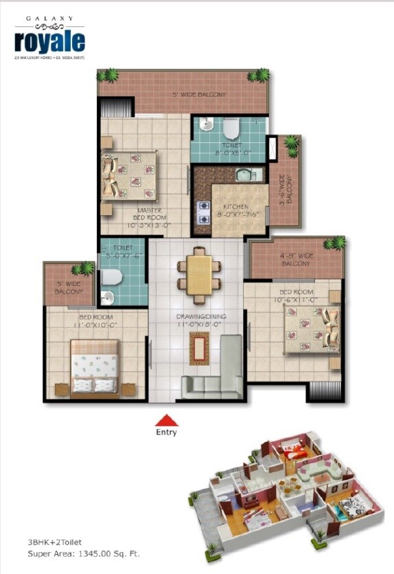 Floor plan of 3 BHK 1345 Sq. Ft. Apartment in Galaxy Royale, Greater Noida