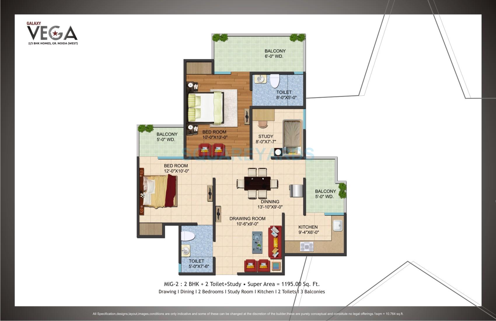 Floor plan of 2 BHK 1195 Sq. Ft. Apartment in Galaxy Vega, Greater Noida