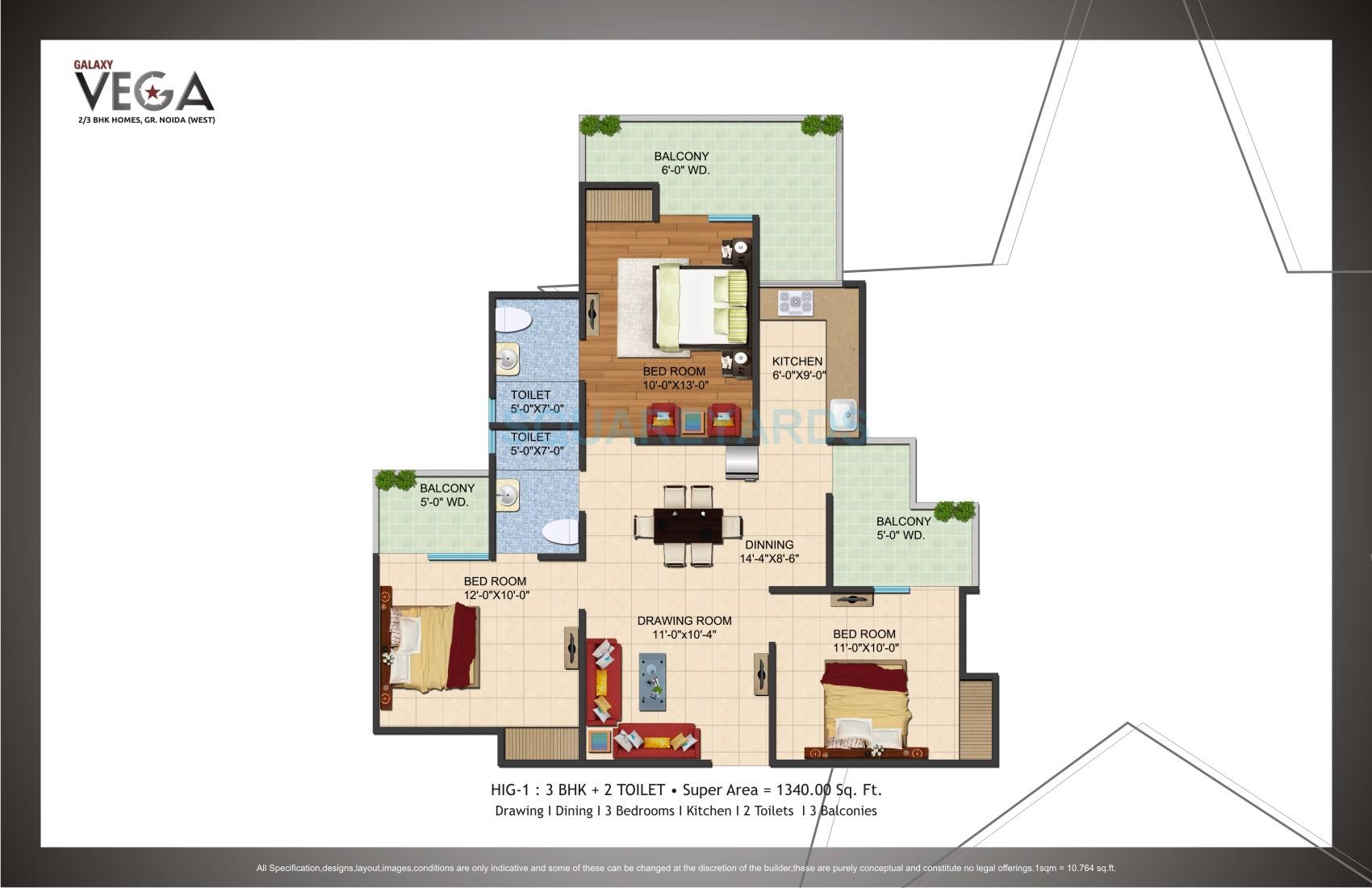 Floor plan of 3 BHK 1340 Sq. Ft. Apartment in Galaxy Vega, Greater Noida