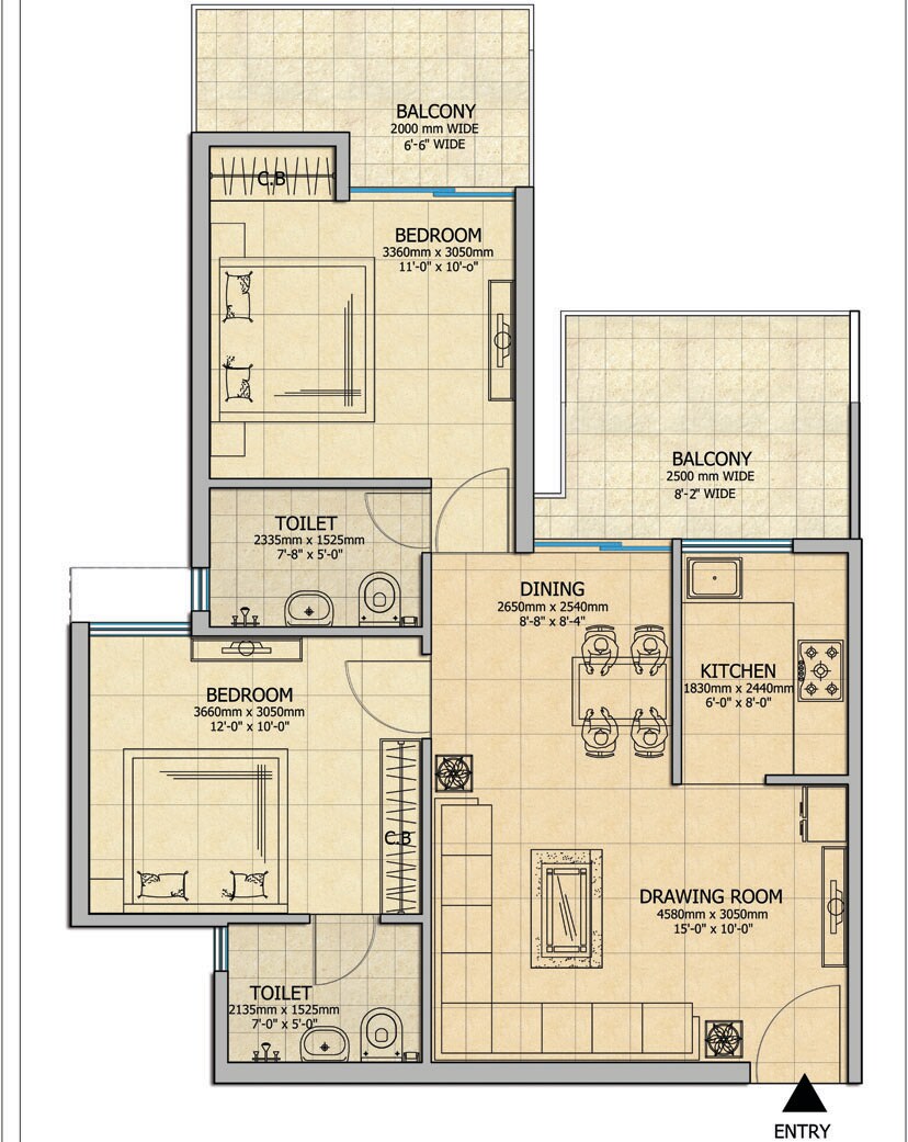Floor plan of 2 BHK 1040 Sq. Ft. Apartment in Gaur Atulyam, Greater Noida