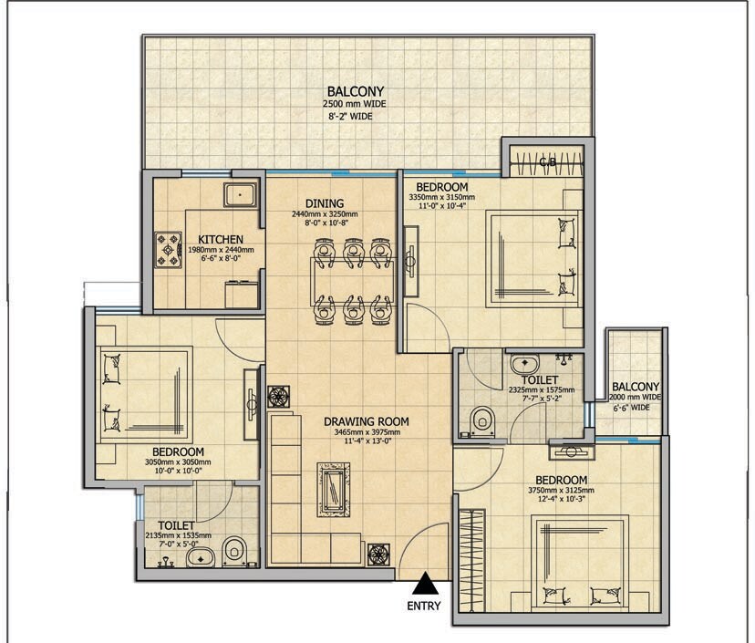 Floor plan of 3 BHK 1300 Sq. Ft. Apartment in Gaur Atulyam, Greater Noida