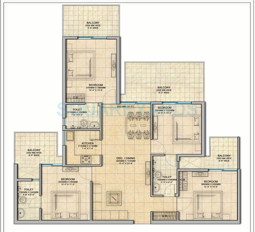 Floor plan of 4 BHK 1665 Sq. Ft. Apartment in Gaur Atulyam, Greater Noida