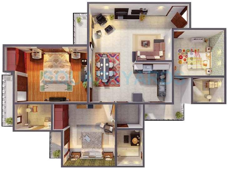 Floor plan of 3 BHK 1360 Sq. Ft. Apartment in Gaur City 1st Avenue, Greater Noida