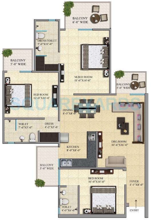 Floor plan of 3 BHK 1470 Sq. Ft. Apartment in Gaur City 1st Avenue, Greater Noida