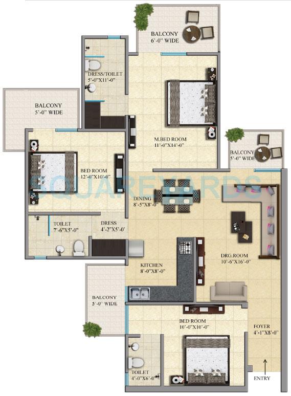 Floor plan of 3 BHK 1500 Sq. Ft. Apartment in Gaur City 1st Avenue, Greater Noida
