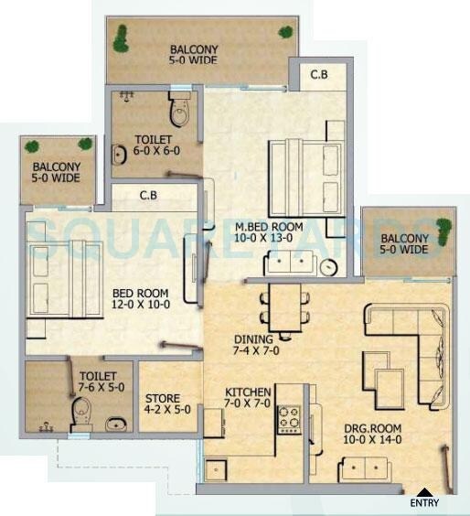 Floor plan of 2 BHK 1055 Sq. Ft. Apartment in Gaur City-2 12 Th Avenue, Greater Noida