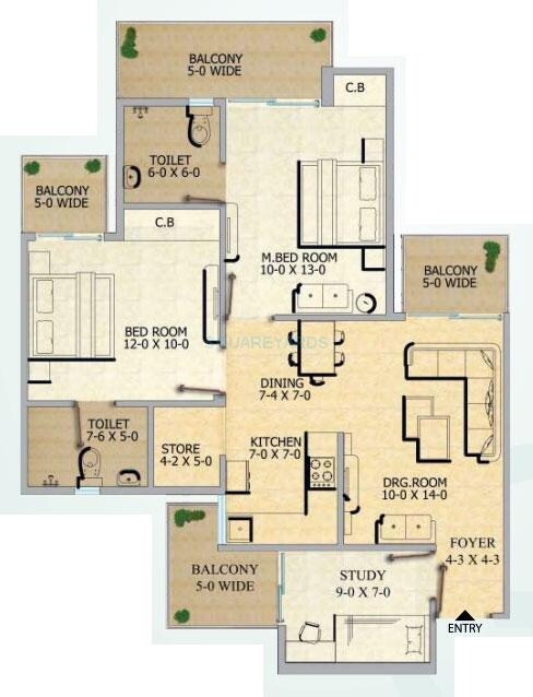 Floor plan of 2 BHK 1225 Sq. Ft. Apartment in Gaur City-2 12 Th Avenue, Greater Noida