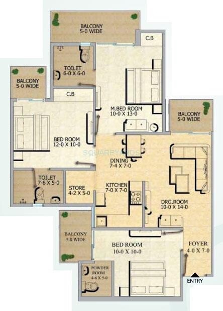 Floor plan of 3 BHK 1320 Sq. Ft. Apartment in Gaur City-2 12 Th Avenue, Greater Noida