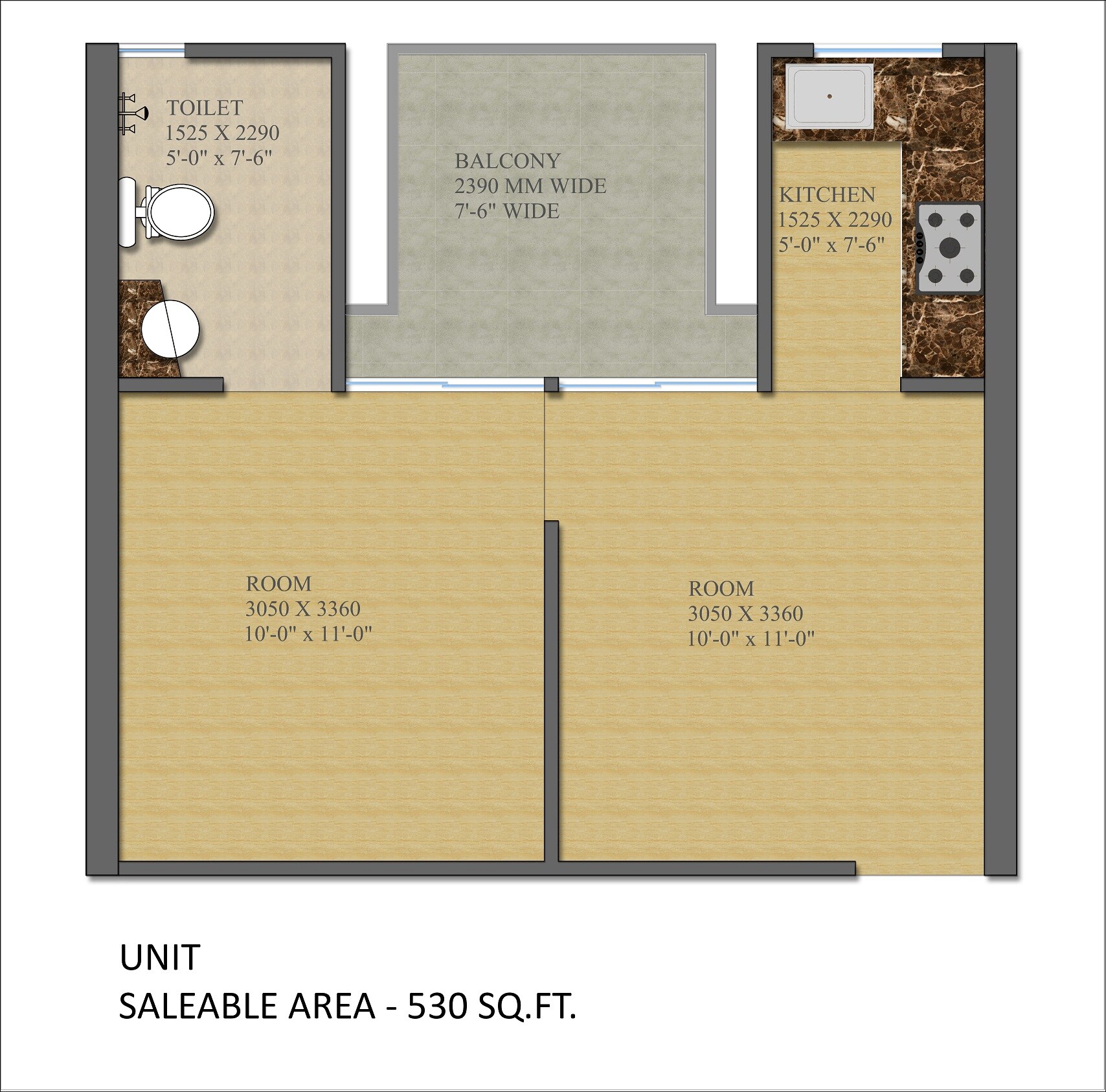 Floor plan of 2 BHK 530 Sq. Ft. Apartment in Gaur City 2 - 14th Avenue, Greater Noida
